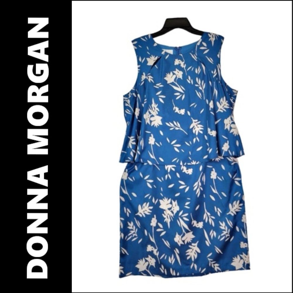 Donna Morgan Blue Dress Size 14 Blue Women Sleeveless Sheath Floral Blouson
